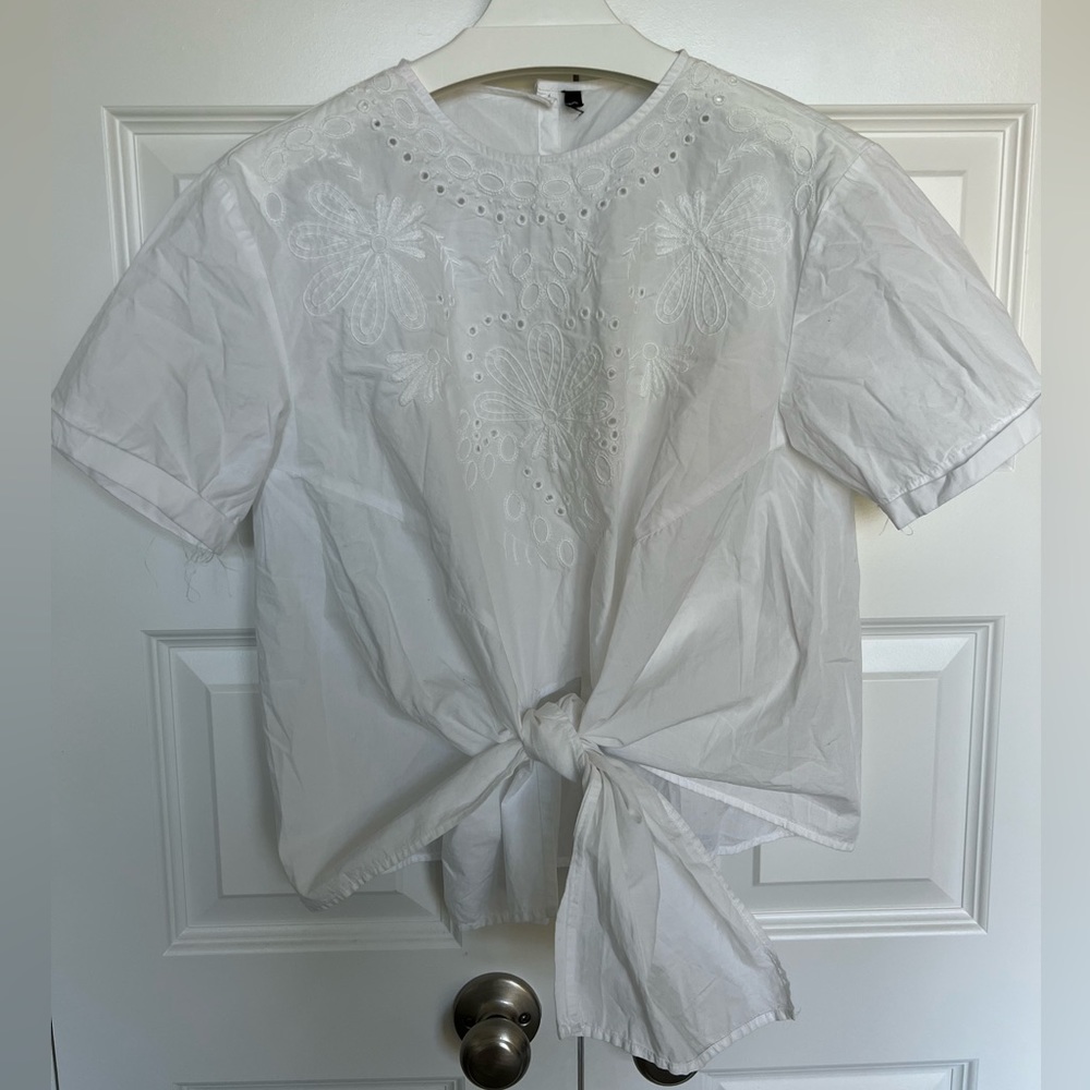 Zara White Embroidered Floral Cutout Front Tie Blouse Extra Small